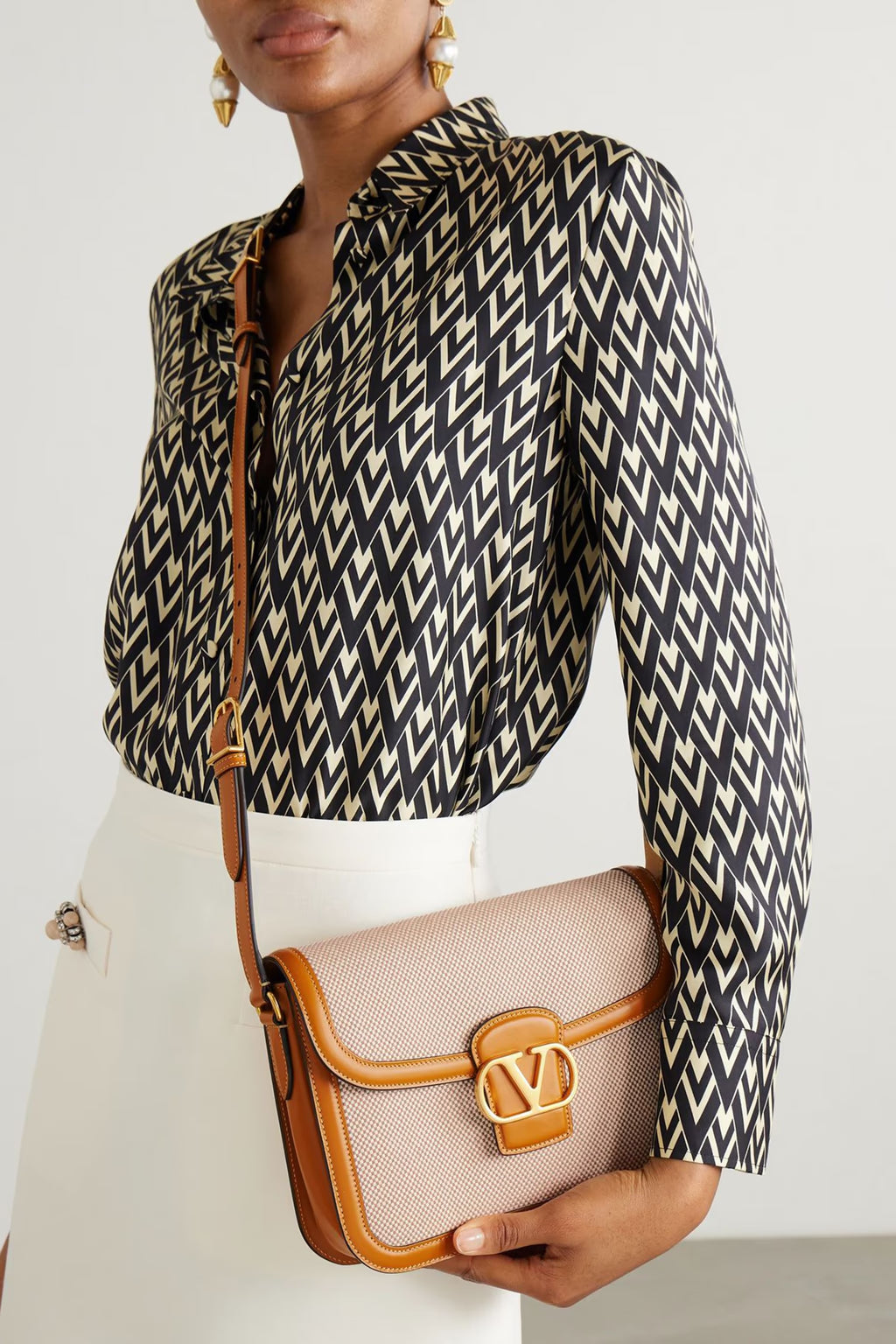 Valentino Garavani 9to5 leather-trimmed canvas shoulder bag