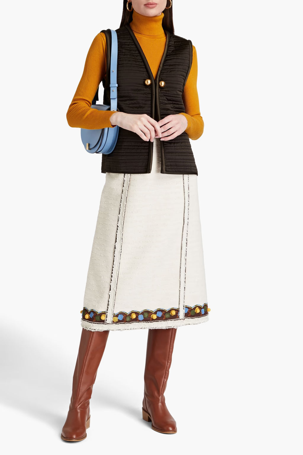 Tory Burch Crochet-trimmed cotton-blend bouclé-tweed skirt