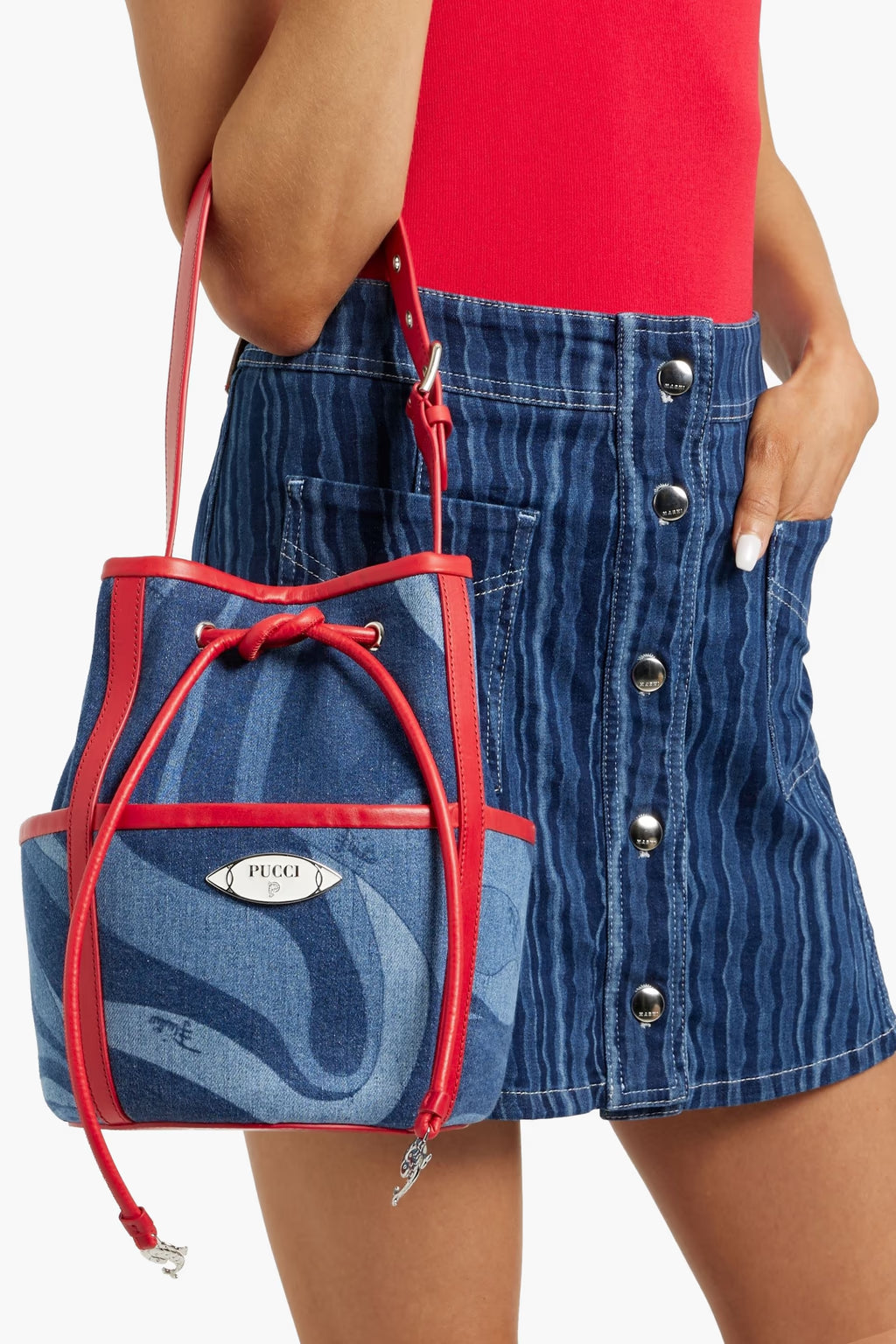 Pucci Leather-trimmed printed denim bucket bag