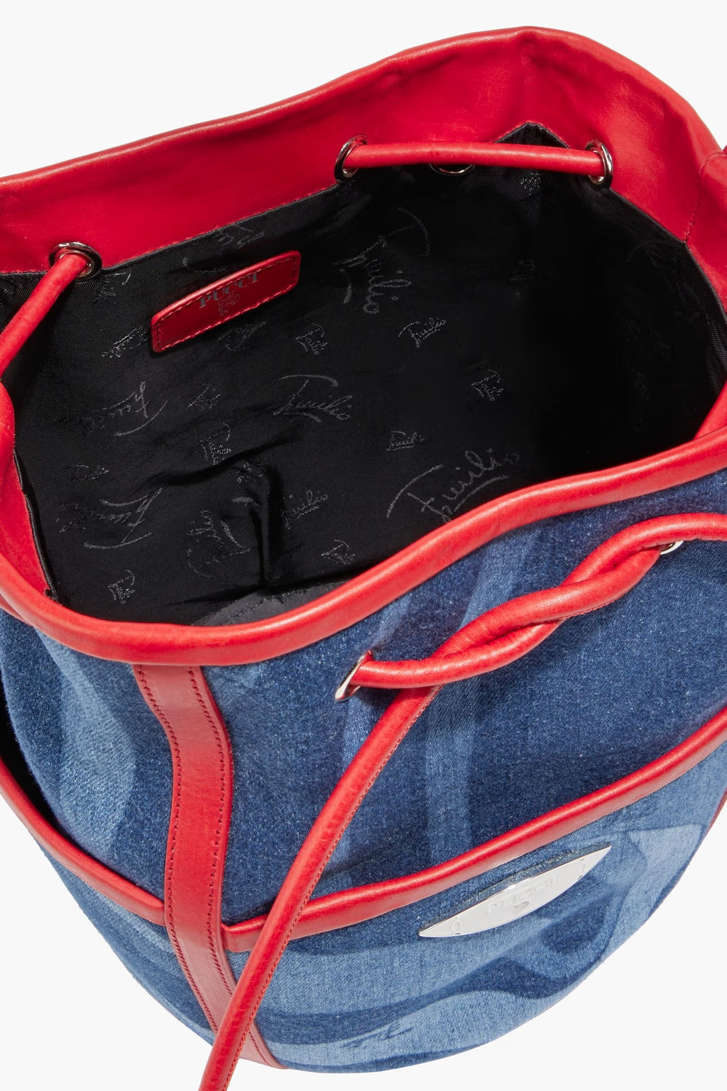 Pucci Leather-trimmed printed denim bucket bag